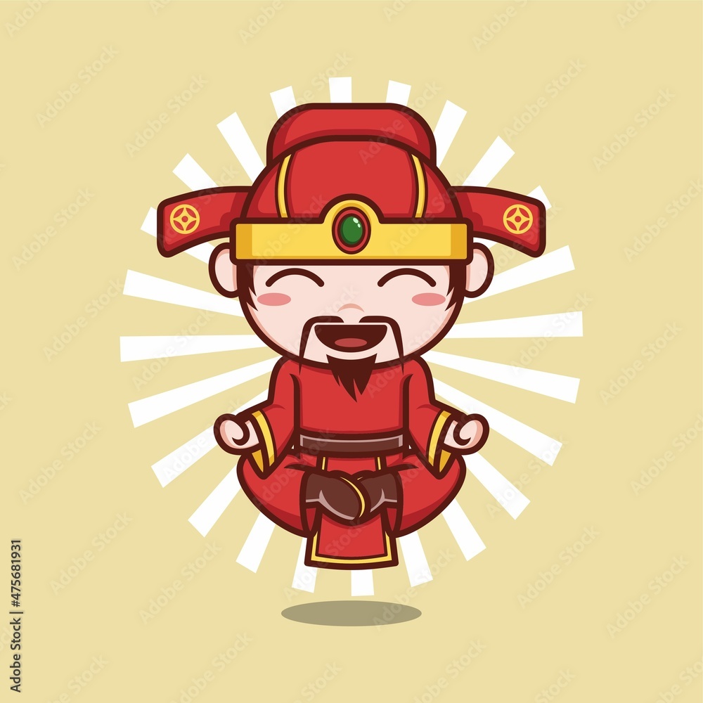 cute cartoon god caishen in chinese new year, meditating yoga style. vector illustration for mascot logo or sticker