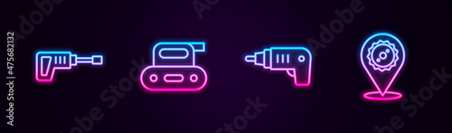Set line Rotary hammer drill machine, Electric planer tool, cordless screwdriver and Circular saw blade. Glowing neon icon. Vector