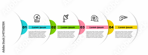 Set line Astronaut helmet, Satellite dish, Alien and Ray gun. Business infographic template. Vector