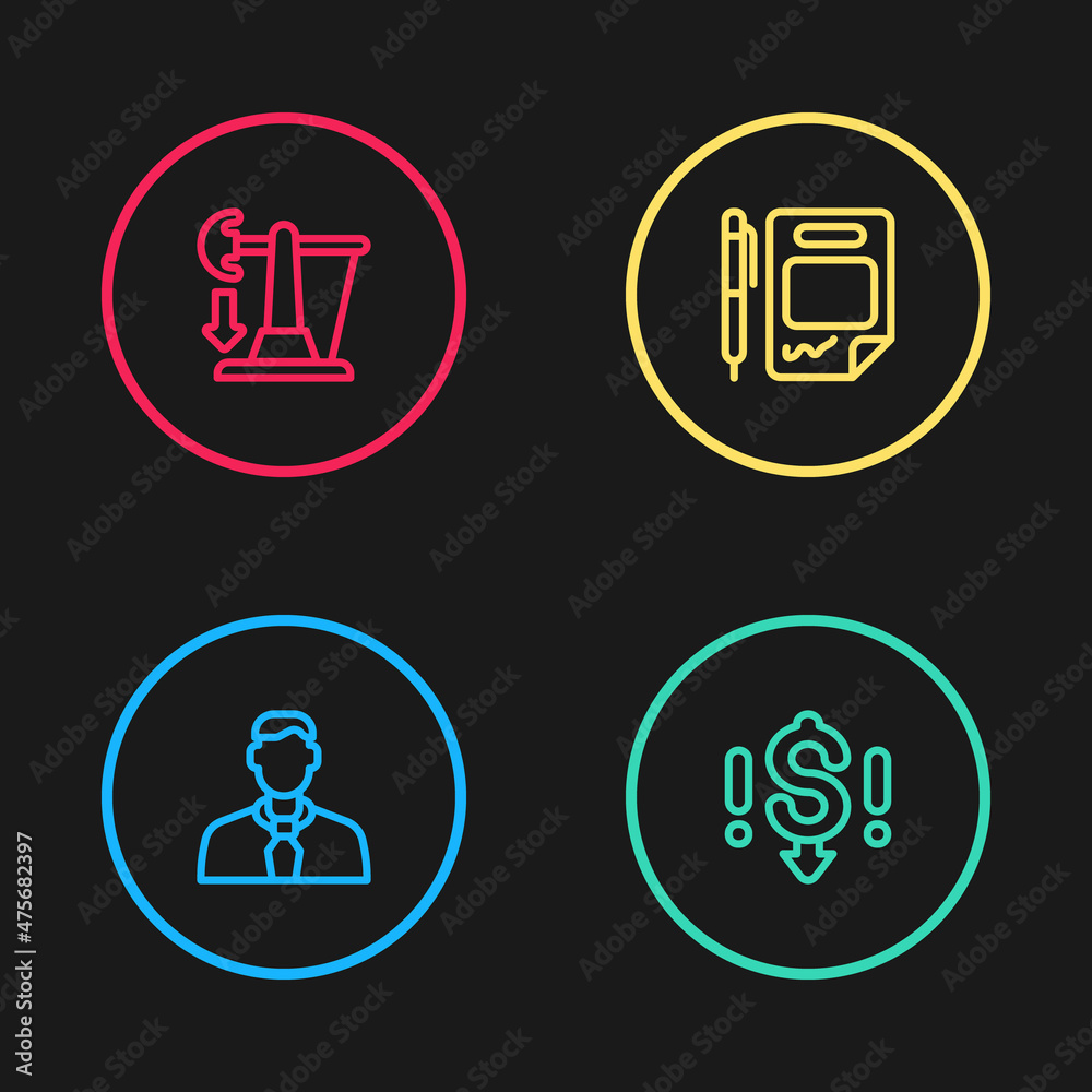 Set line Worker, Dollar rate decrease, Contract money and pen and Drop in crude oil price icon. Vector