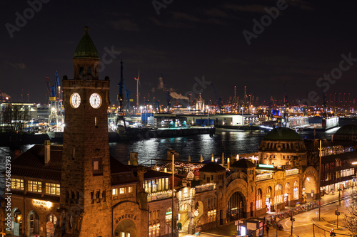 St. Pauli Landungsbruecken in Hamburg at night, Germany. photo