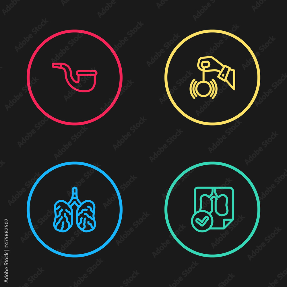 Set line Disease lungs, Lungs x-ray diagnostics, Hypnosis and No pipe smoking icon. Vector Set line Disease lungs, Lungs x-ray diagnostics, Hypnosis and No pipe smoking icon. Vector
