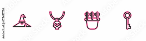 Set line Witch hat, Quiver with arrows, Necklace amulet and Old key icon. Vector