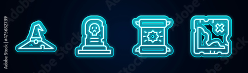 Set line Witch hat, Grave with tombstone, Decree, parchment, scroll and Pirate treasure map. Glowing neon icon. Vector