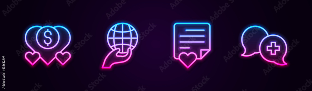 Set line Donation and charity, Hand holding Earth globe, Envelope with heart and Dialogue doctor. Glowing neon icon. Vector