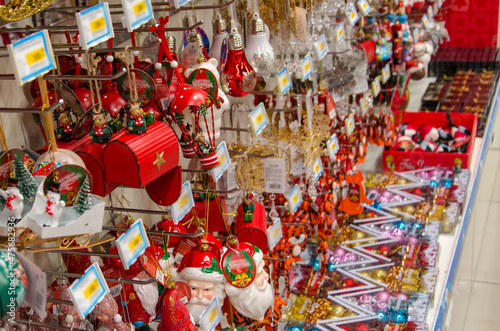 a showcase in a store of Christmas toys , buying jewelry for the new year. selective focus