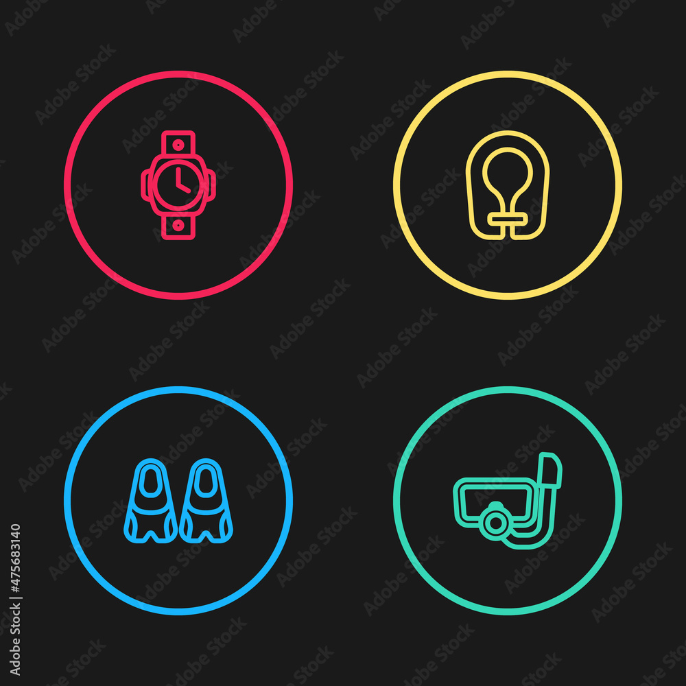 Set line Flippers for swimming, Diving mask with snorkel, Life jacket and watch icon. Vector Set line Flippers for swimming, Diving mask with snorkel, Life jacket and watch icon. Vector