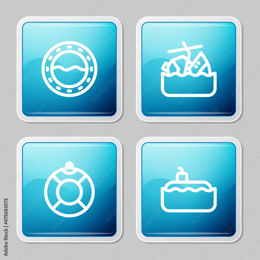 Set line Ship porthole, Sinking cruise ship, Lifebuoy and Submarine icon. Vector