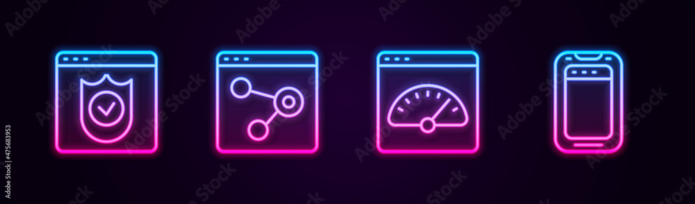 Set line Browser with shield, window, Digital speed meter and Mobile phone. Glowing neon icon. Vector