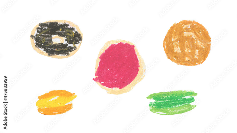 Set of illustrations of baked goods drawn with wax crayons in a children's style.Collection of images of Sweet food,desserts textured pastels in doodle.Designs for menus,invitations,stickers,cards. Set of illustrations of baked goods drawn with wax crayons in a children's style.Collection of images of Sweet food,desserts textured pastels in doodle.Designs for menus,invitations,stickers,cards.