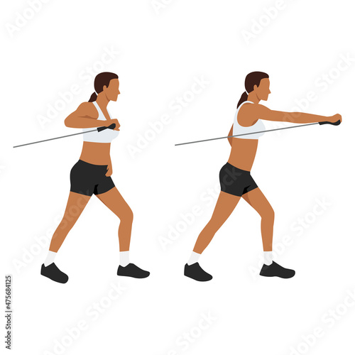 Woman doing Side to side lunge with chest presses exercise. Flat vector illustration isolated on white background