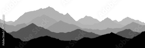 Vector halftone dots background, fading dot effect. Imitation of a mountain landscape, banner, shades of gray. 