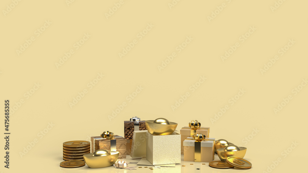 The Chinese gold money and gift box on gold background for business or holiday concept 3d rendering The Chinese gold money and gift box on gold background for business or holiday concept 3d rendering