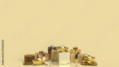 The Chinese gold money and gift box on gold background for business or holiday concept 3d rendering