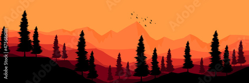 sunset scene mountain landscape vector illustration for wallpaper, background, backdrop, banner, tourism, and design template