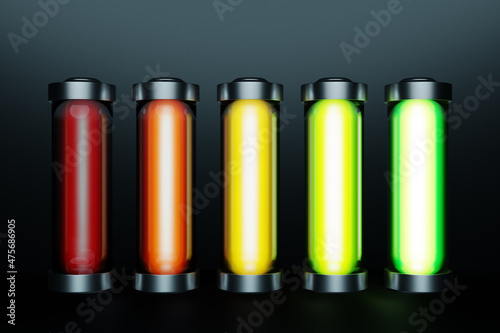 3D illustration of a close-up of multicolored batteries on a dark background. An unsafe way to use energy.