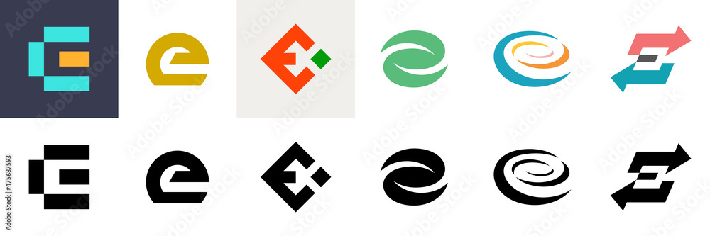 Abstract logos collection with letter E. Geometric abstract logos. Icon design 