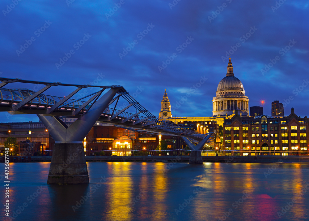 Millennium Bridge and St Pauls Cathedral at Dusk, London, United Kingdom