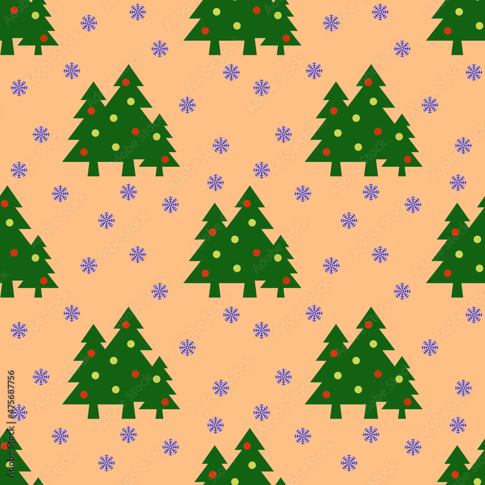 Seamless pattern. Image of green Christmas trees with balls and snowflakes on pastel yellow orange backgrounds. Symbol of New Year and Christmas. Template for applying to surface.3D image.3d rendering
