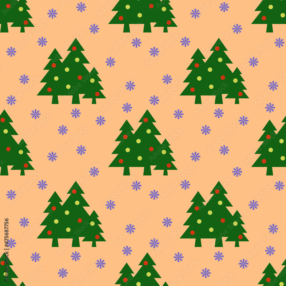 Seamless pattern. Image of green Christmas trees with balls and snowflakes on pastel yellow orange backgrounds. Symbol of New Year and Christmas. Template for applying to surface.3D image.3d rendering Seamless pattern. Image of green Christmas trees with balls and snowflakes on pastel yellow orange backgrounds. Symbol of New Year and Christmas. Template for applying to surface.3D image.3d rendering