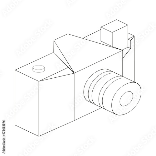 An outline jpeg illustration of a photo camera side view isolated on transparent background. Designed in black and white colors for web concepts 