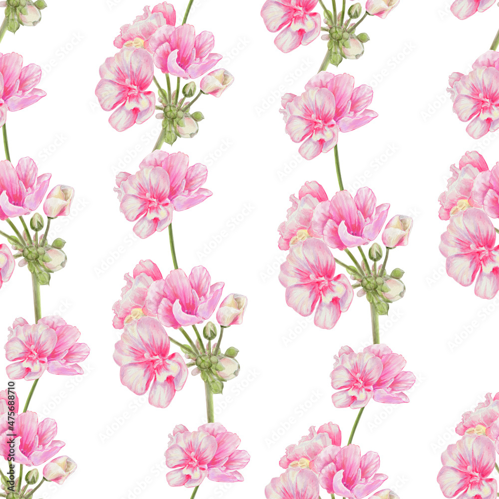 Watercolor realistic pink flowers vertical composition - seamless romantic vintage pattern on white background.