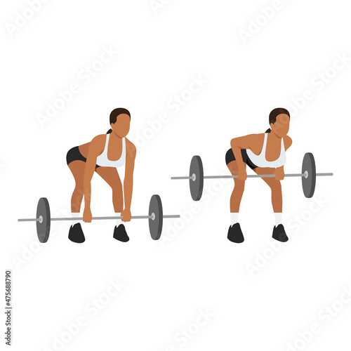 Woman doing Bent over barbell row from floor exercise. Flat vector illustration isolated on white backaground