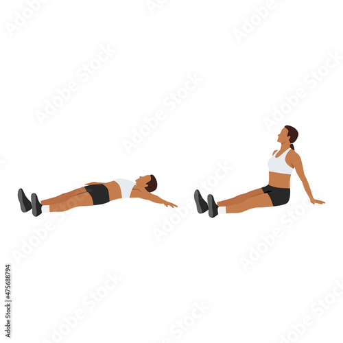 Woman doing T Sit up exercise. Flat vector illustration isolated on white background