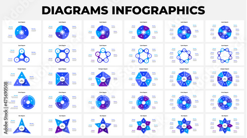 Set of cycle diagrams with 3, 4, 5, 6, 7 and 8 options. Infographic design template. Vector illustration for business presentation.
