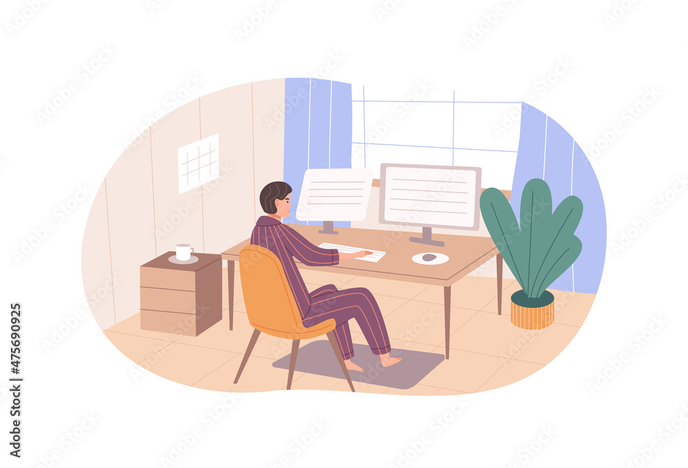 Modern man use tablet pc sitting desk with computer monitor working at home office. Modern man use tablet pc sitting desk with computer monitor working at home office.