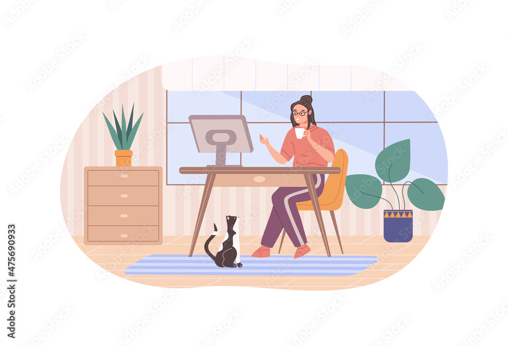 Modern woman use pc sitting desk with computer monitor working at home office and drinking hot tea coffee.