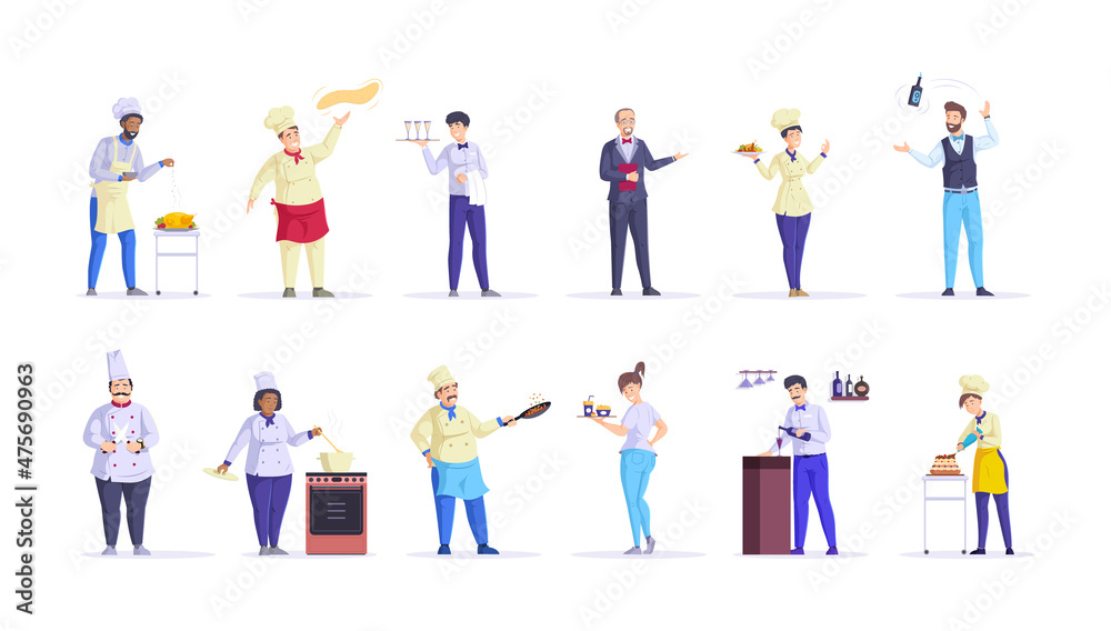 Restaurant staff chef, cook, waitress, bartender. Public catering service staff. Kitchen workers chef cooking food at cafeteria cuisine, waitress delivers order, bartender pours wine cartoon vector