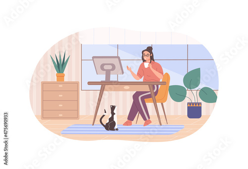 Modern woman use pc sitting desk with computer monitor working at home office and drinking hot tea coffee. © Svetlanas01