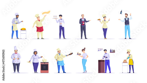 Restaurant staff chef  cook  waitress  bartender. Public catering service staff. Kitchen workers chef cooking food at cafeteria cuisine  waitress delivers order  bartender pours wine cartoon vector
