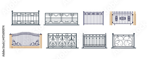 Balcony railing and gates, fence outdoor exterior entrance. Vintage modern home balconied facade, terrace fences.