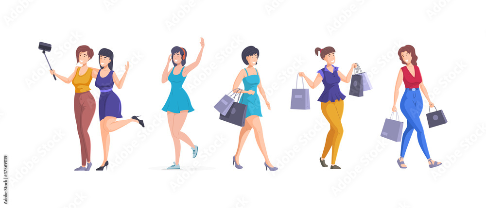 Happy woman daily activity set taking selfie with friend, listening music in headphones, shopping