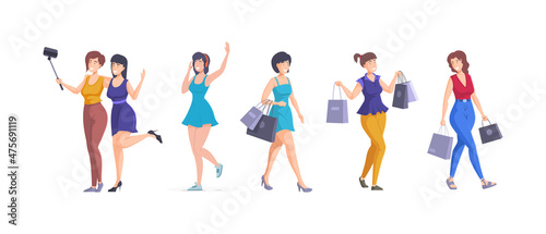 Happy woman daily activity set taking selfie with friend  listening music in headphones  shopping