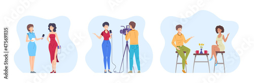 Diverse people bloggers and vloggers broadcast online making internet content set