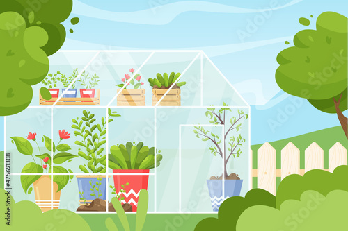 Greenhouse background. Cartoon green spring garden with glass house and pots with plants and flowers  garden work concept. Vector illustration