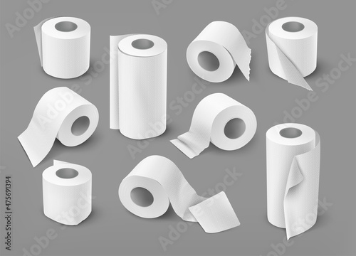 Realistic toilet paper. kitchen paper towel cylinder, white isolated scroll , hygiene spool sheet, office print paper roll. Vector set