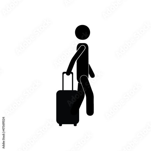 Silhouette of a man in black color, holding a suitcase for travel, vector icons on an isolated white background