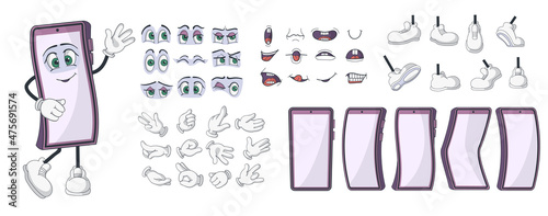 Smartphone characters kit. Cartoon phone animation construction kit with screen body, hands legs and face emotion elements. Vector set