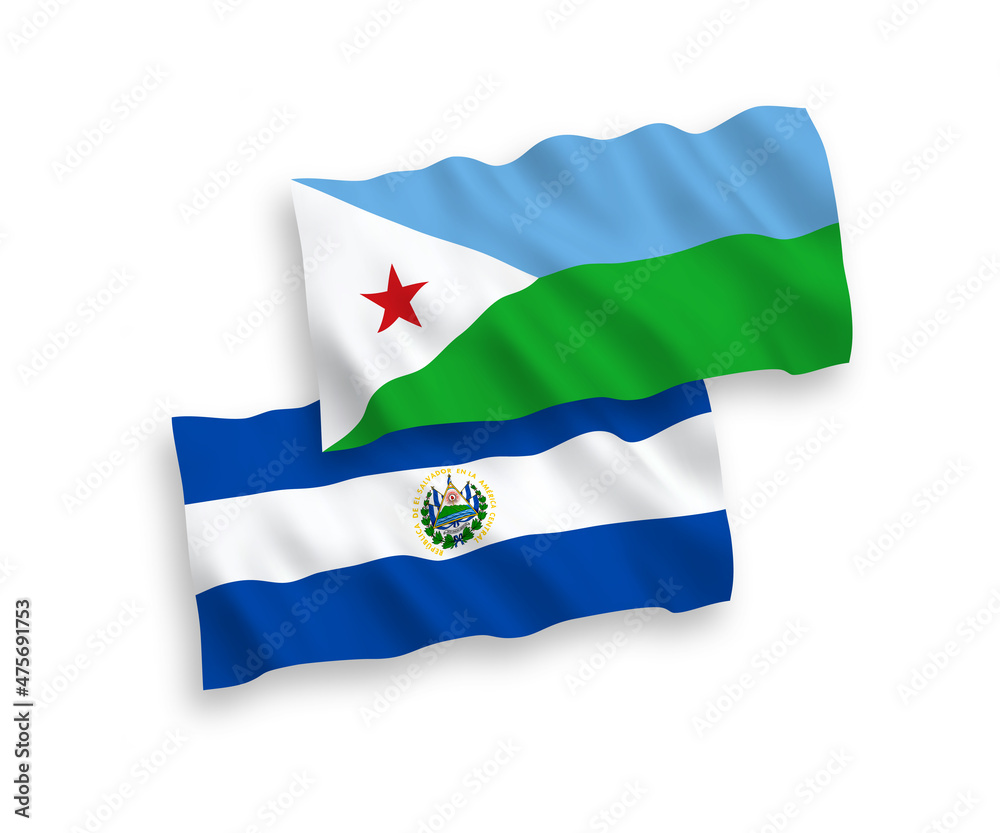 Fototapeta premium Flags of Republic of El Salvador and Republic of Djibouti on a white background