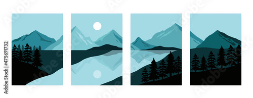 Mountain landscape posters. Single picture minimalistic night landscape with mountain lake and pine wood. Vector set