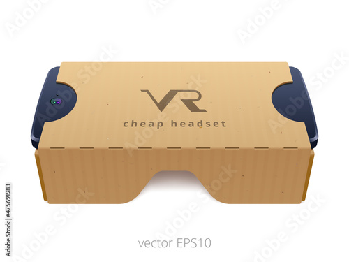 Imaginary VR headset made of cheap cardboard. Virtual reality device with inserted smartphone. Simple paper box in the form of goggles. Realistic 3D vector object. Perspective view