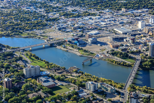 Aerial view of the downtown area of Saskatoon, Saskatchewan, Canada