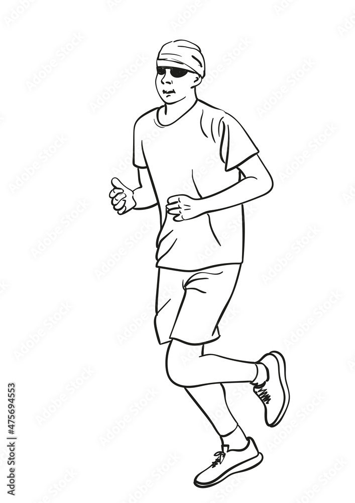 Sketch of running young man, Hand drawn vector linear illustration