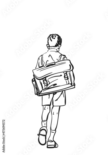 Schoolboy with awry large retro backpack walking away with his head down vector drawing, Hand drawn illustration on school boy from back, Black and white line art