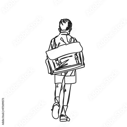 Schoolboy with large retro backpack walking away with his head down abstract line art vector drawing, Hand drawn illustration on school boy from back, Black and white graphics