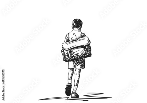 Schoolboy with large retro backpack walking away with his head down vector drawing, Hand drawn illustration on school boy from back, Black and white